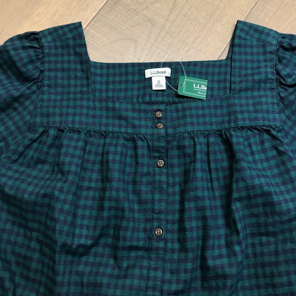 L.L. Bean Flannel Shirt Womens Size M Green Squareneck Top Whisperweight Cottage - Picture 5 of 11